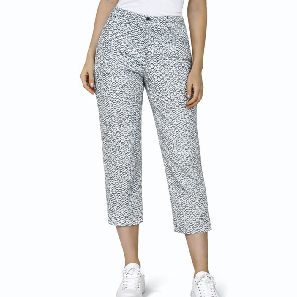 KAREN SCOTT Capri Pants sz 8 Blue White Print Tummy Control Coastal Resort NWT